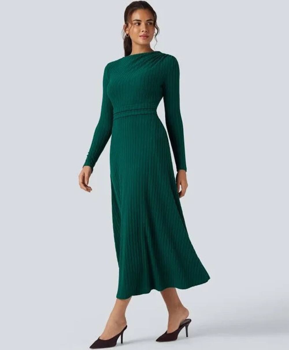 Halara XS Green Ribbed Knit Long Sleeve Midi Casual Dress With Pockets NWT